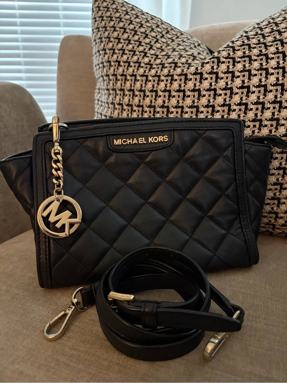 Michael Kors Black Quilted Leather Crossbody with Gold MK Charm
